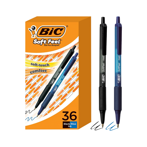 BIC Soft Feel Retractable Ballpoint Pen with 1.0 mm Medium Point and No-Slip Grip, 36-Count in Assorted Ink