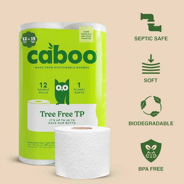 Caboo Tree-Free Toilet Paper, 12 Double Rolls, Septic Safe Chemical Free Toilet Paper, Biodegradable Bath Tissue with Eco Friendly Soft 2 Ply Sheets