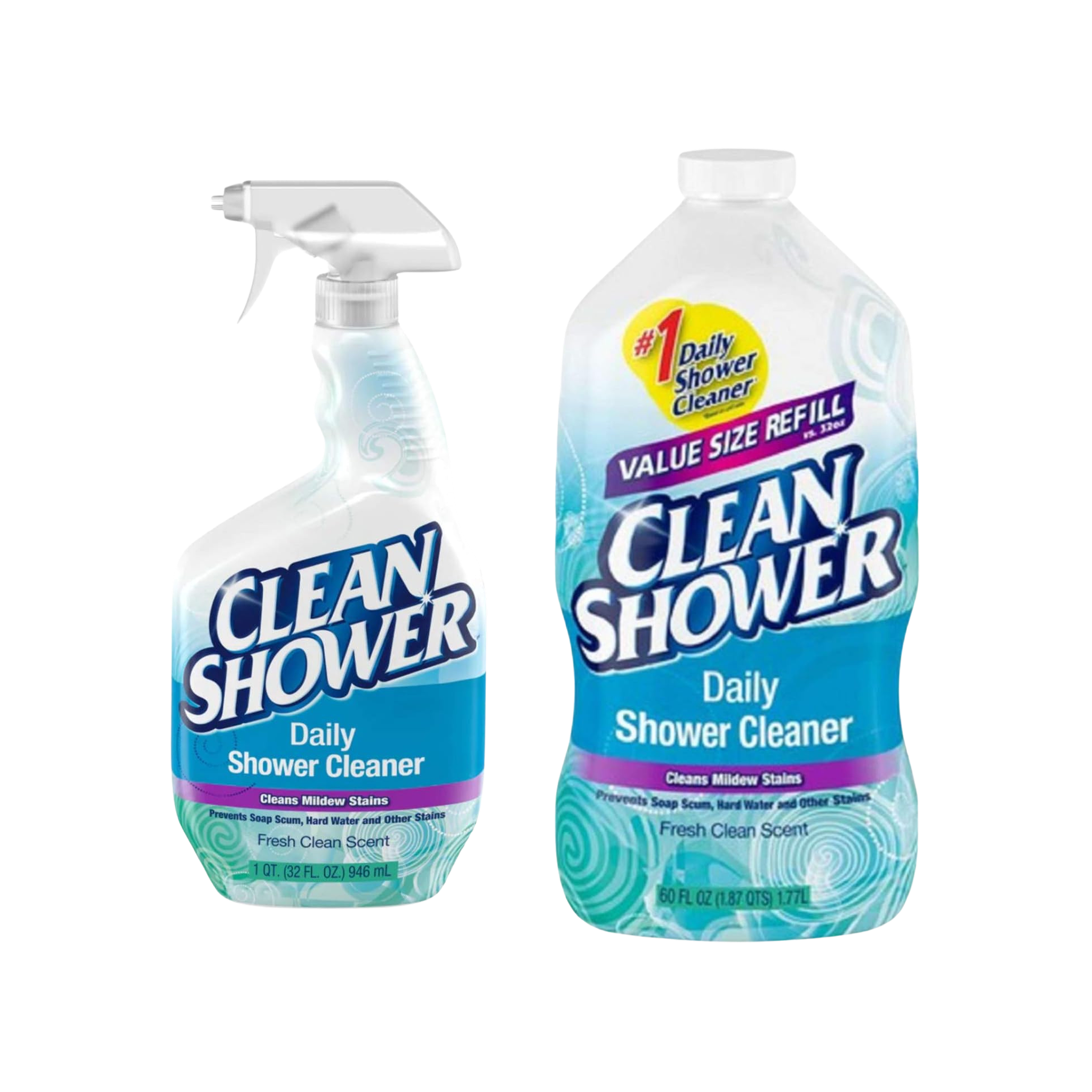 Clean Shower, Daily Shower Cleaner - No Scrub Bundle Pack [32oz. Spray Bottle & 60oz. Refill Bottle]