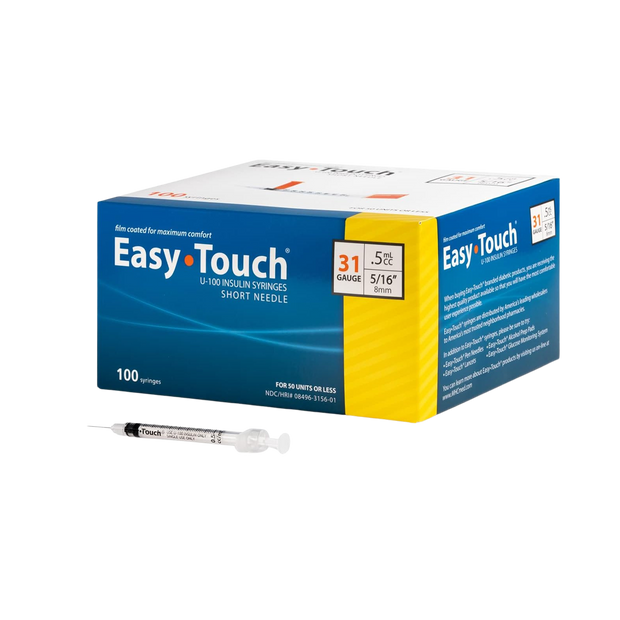 EasyTouch U-100 Insulin Syringe with Needle, 31G 0.5cc 5/16-Inch (8mm), Box of 100