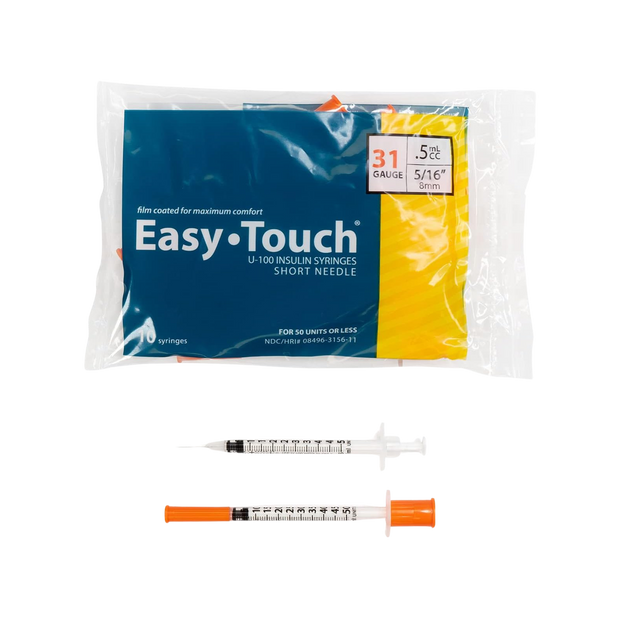 EasyTouch U-100 Insulin Syringe with Needle, 31G 0.5cc 5/16-Inch (8mm), Box of 100