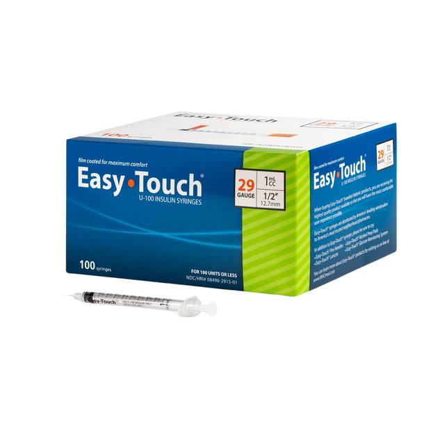 Easy Touch U-100 Insulin Syringe with Needle, 29G 1cc 1/2-Inch (12.7mm), Box of 100