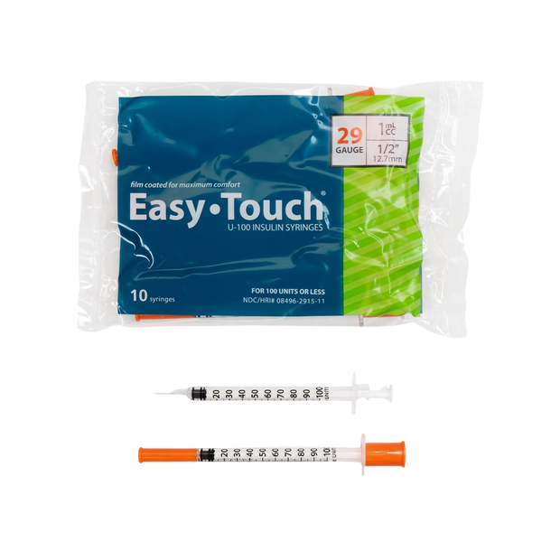 Easy Touch U-100 Insulin Syringe with Needle, 29G 1cc 1/2-Inch (12.7mm), Box of 100