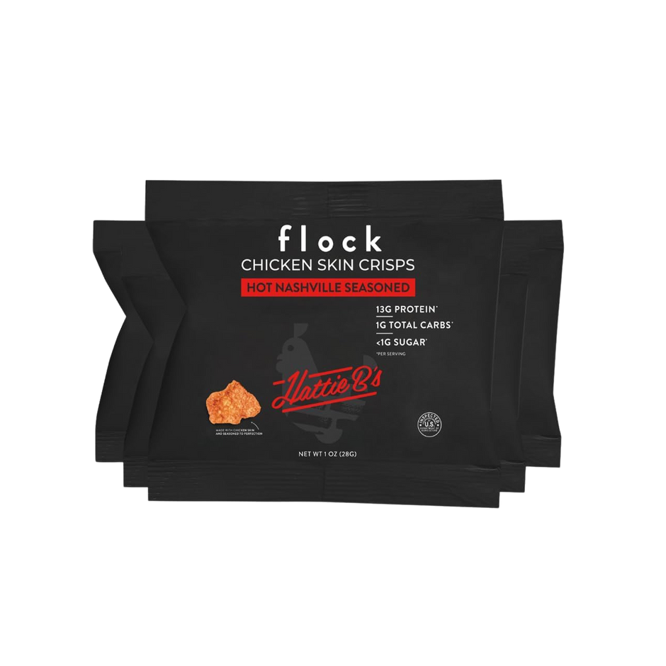 Flock Keto Chicken Skin Chips | Hattie B's Nashville Hot Flavor | Low Carb, High Protein, Sugar Free, Gluten Free Fried Chicken Skins for People | (1oz) 8-Pack Crispy Flock Chips