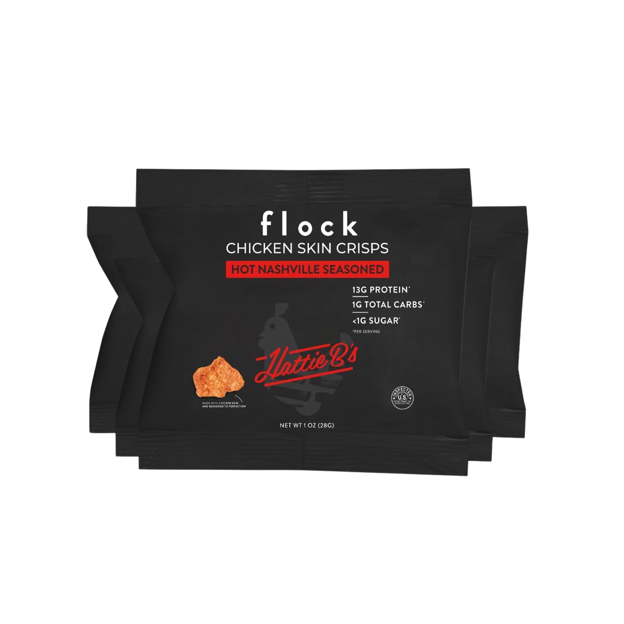 Flock Keto Chicken Skin Chips | Hattie B's Nashville Hot Flavor | Low Carb, High Protein, Sugar Free, Gluten Free Fried Chicken Skins for People | (1oz) 8-Pack Crispy Flock Chips