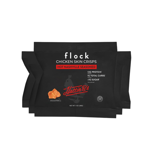 Flock Keto Chicken Skin Chips | Hattie B's Nashville Hot Flavor | Low Carb, High Protein, Sugar Free, Gluten Free Fried Chicken Skins for People | (1oz) 8-Pack Crispy Flock Chips