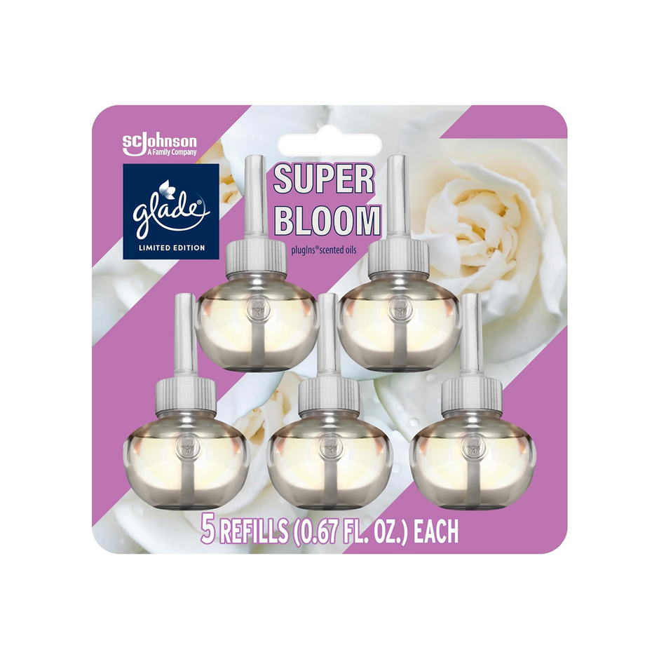 Glade PlugIns Refills Air Freshener, Scented and Essential Oils for Home and Bathroom, Super Bloom, 3.35 Fl Oz, 5 Count