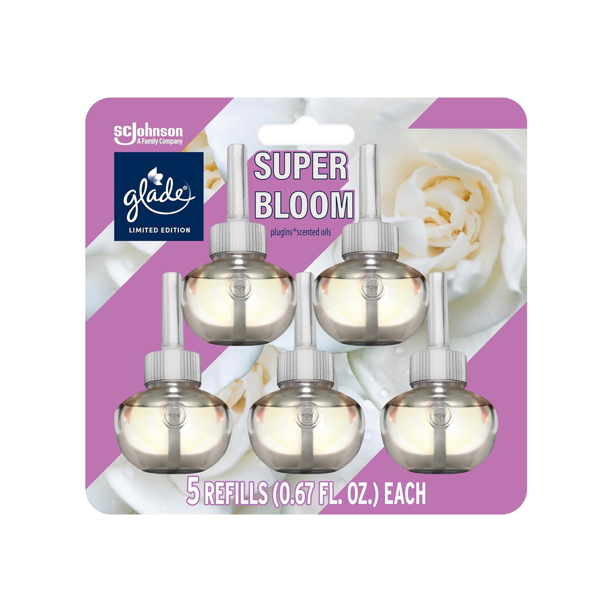 Glade PlugIns Refills Air Freshener, Scented and Essential Oils for Home and Bathroom, Super Bloom, 3.35 Fl Oz, 5 Count