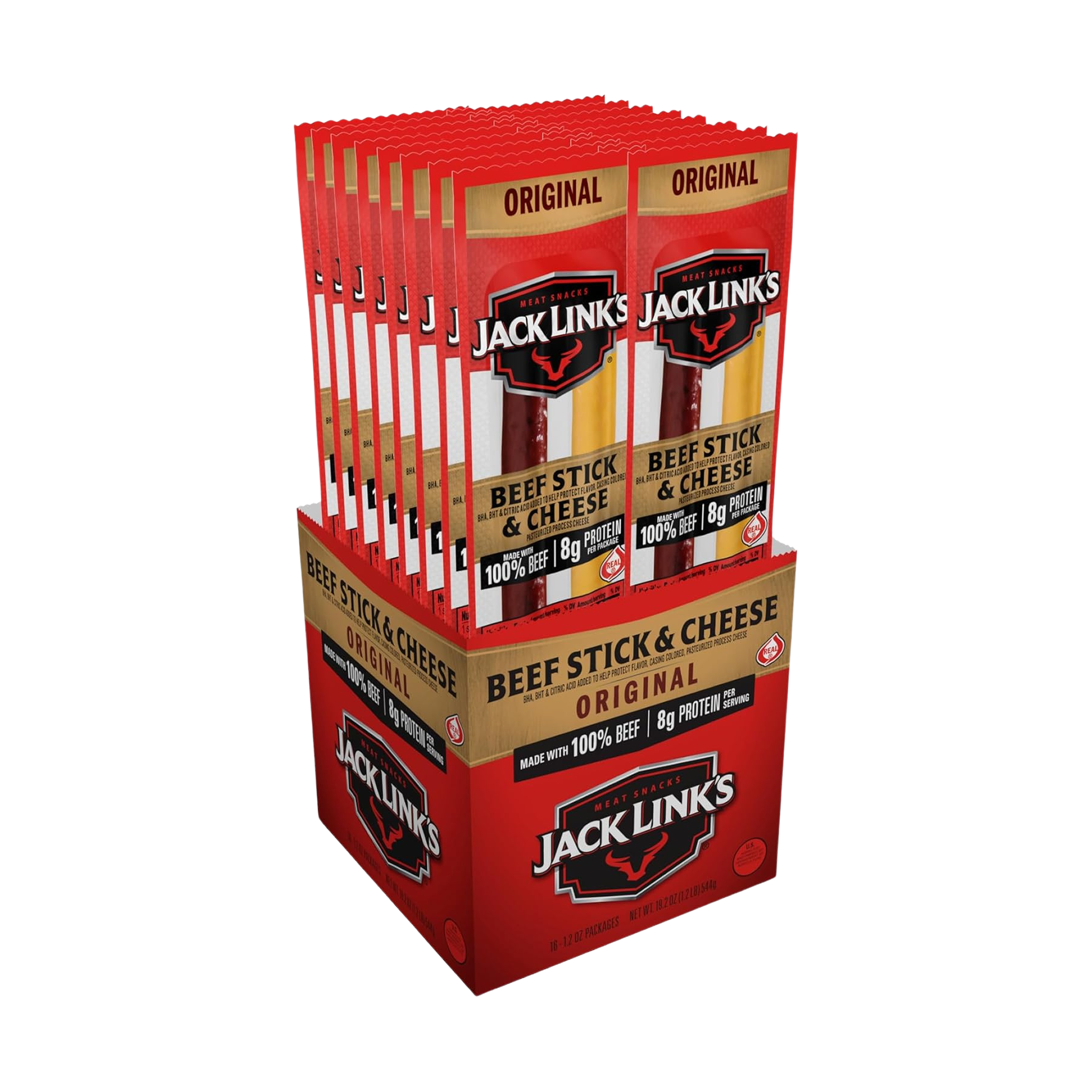 Jack Link's Original Beef & Cheese Combo Snack Pack – 100% Beef Stick and Cheese Stick Made with Real Wisconsin Cheese - 8g Protein and 140 Calories per serving, 1.2 oz. (Pack of 16)