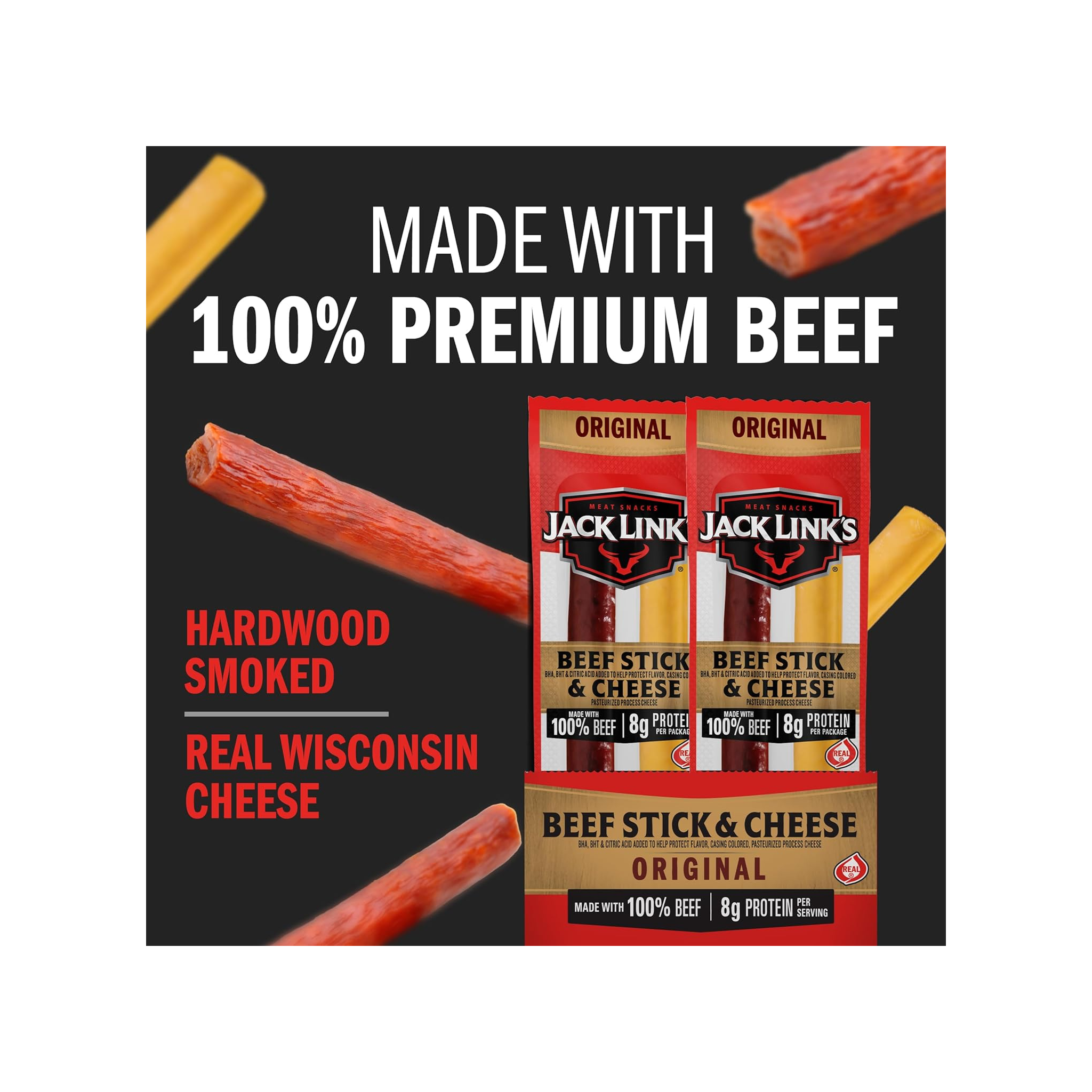 Jack Link's Original Beef & Cheese Combo Snack Pack – 100% Beef Stick and Cheese Stick Made with Real Wisconsin Cheese - 8g Protein and 140 Calories per serving, 1.2 oz. (Pack of 16)