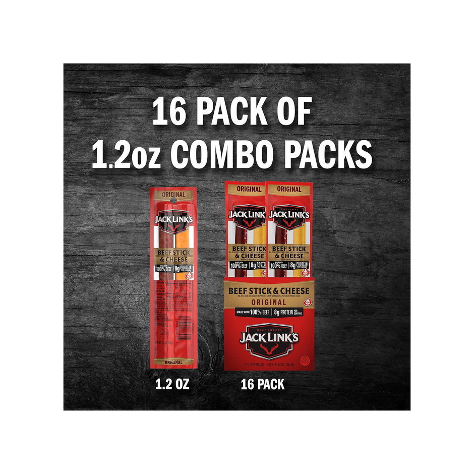 Jack Link's Original Beef & Cheese Combo Snack Pack – 100% Beef Stick and Cheese Stick Made with Real Wisconsin Cheese - 8g Protein and 140 Calories per serving, 1.2 oz. (Pack of 16)