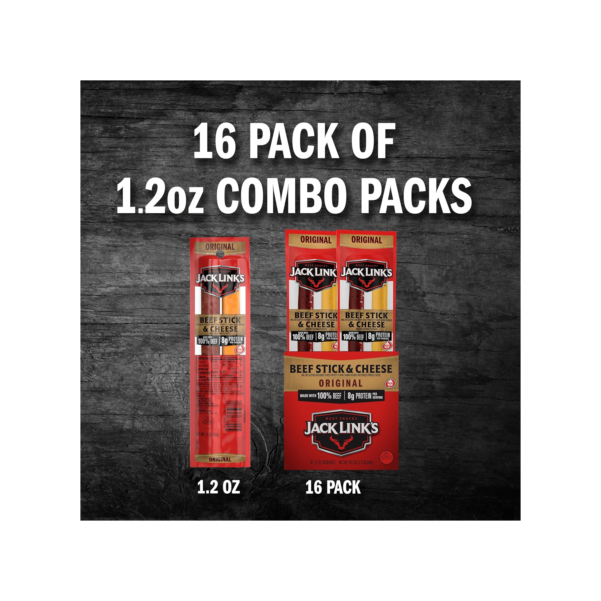 Jack Link's Original Beef & Cheese Combo Snack Pack – 100% Beef Stick and Cheese Stick Made with Real Wisconsin Cheese - 8g Protein and 140 Calories per serving, 1.2 oz. (Pack of 16)