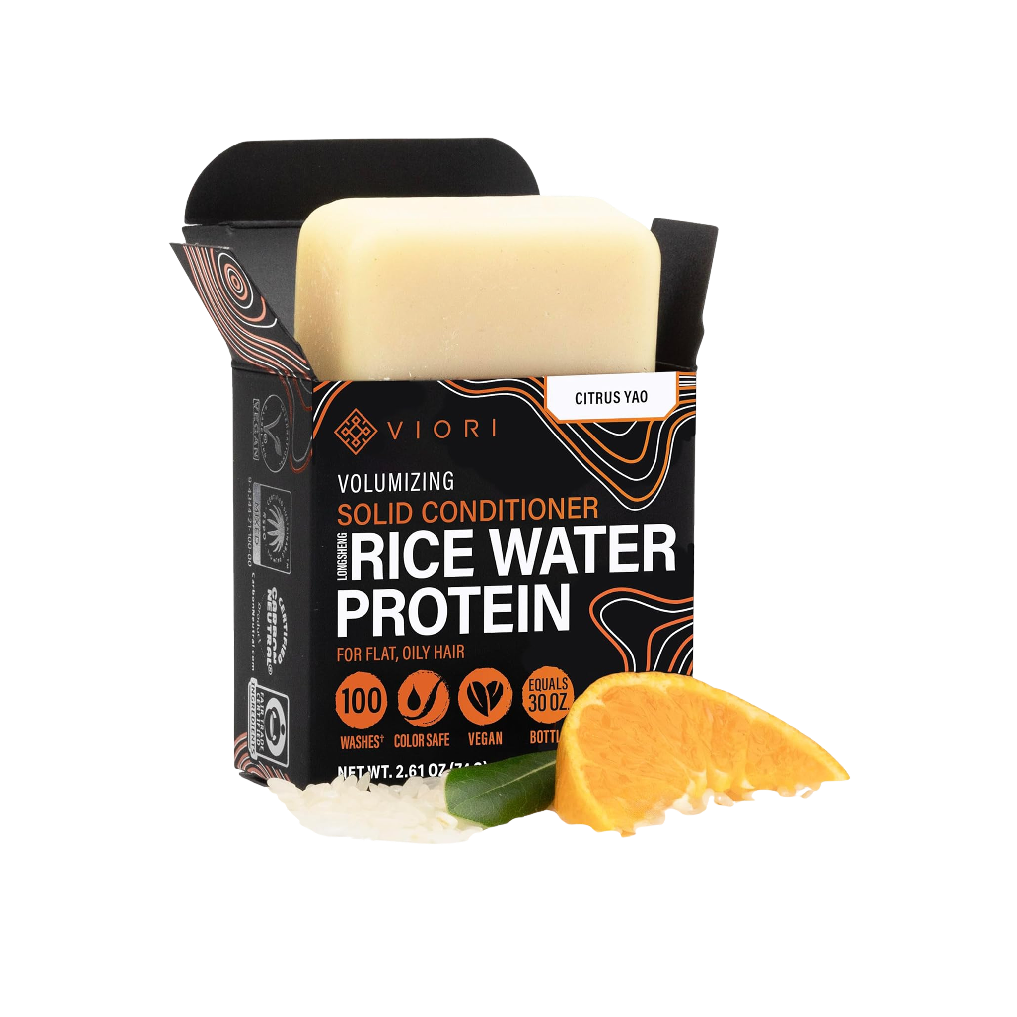 Viori Citrus Yao Conditioner Bar - Handcrafted with Longsheng Rice Water & Natural Ingredients - Sulfate-free, Paraben-free, Cruelty-free, Phthalate-free, pH balanced 100% Vegan, Zero-Waste