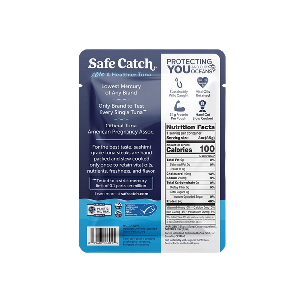 Safe Catch Elite Tuna Wild-Caught Lowest Mercury Tuna Fish Pouch Gluten-Free Keto Food Non-GMO Kosher Paleo-Friendly High Protein Snack, No Water Oil Tuna, Pack of 12 Tuna Pouches 3oz