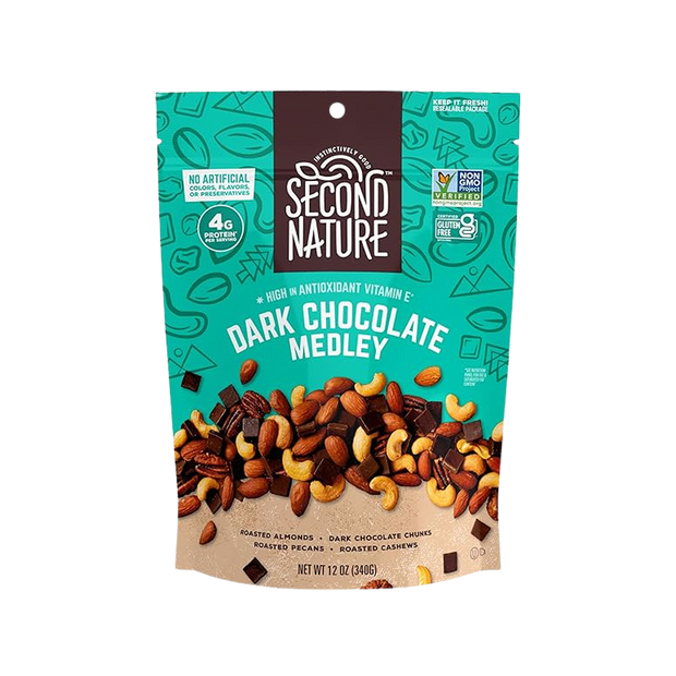 Second Nature Dark Chocolate Medley Trail Mix, 12 oz. Resealable Pouch (Pack of 1) – Certified Gluten-Free Snack Mix – Dark Chocolate and Nut Trail Mix Ideal for Quick Travel Snacks or Lunch Snacks