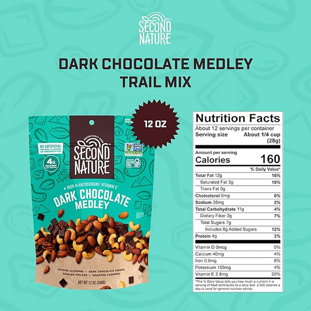 Second Nature Dark Chocolate Medley Trail Mix, 12 oz. Resealable Pouch (Pack of 1) – Certified Gluten-Free Snack Mix – Dark Chocolate and Nut Trail Mix Ideal for Quick Travel Snacks or Lunch Snacks